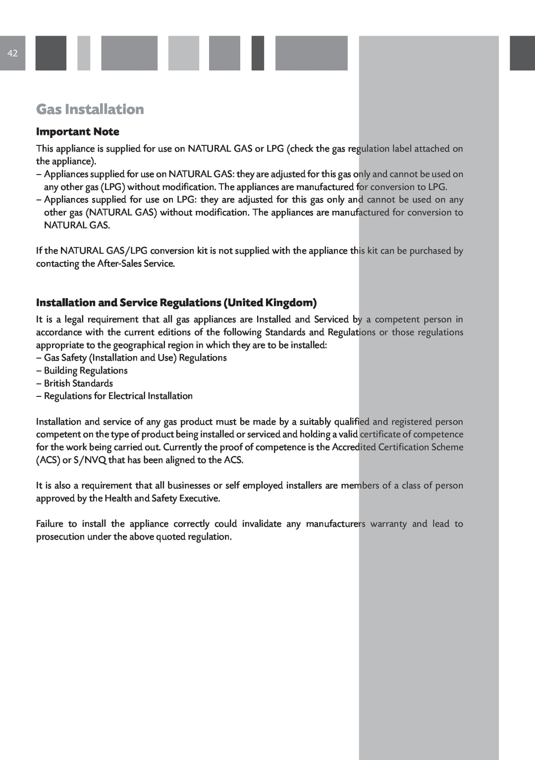 CDA RV 901, RV 1001 manual Gas Installation, Important Note, Installation and Service Regulations United Kingdom 